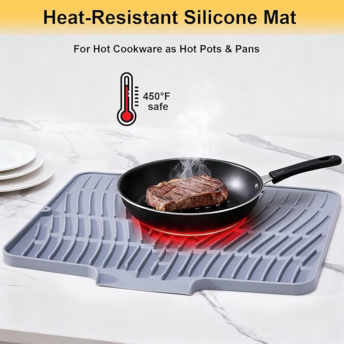icone Dish Drying Mat for Kitchen Counter,Non-Slip Dish Drying Pad with Drain Lip,Heat Resistant Sink