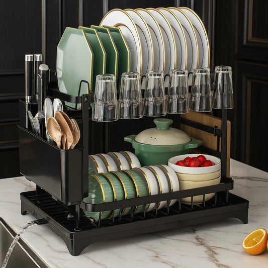 2-Tier Dish Drying Rack with Utensil Holder – Kitchen Counter Organizer