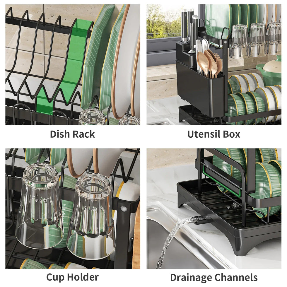 2-Tier Dish Drying Rack with Utensil Holder – Kitchen Counter Organizer